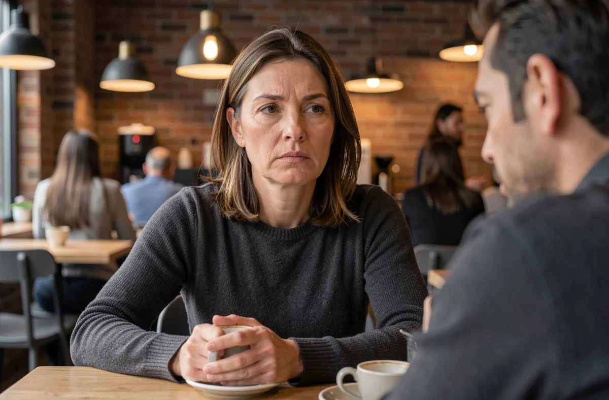 Femme au visage parfaitement neutre et composé face à une personne agitée dans un café, illustrant l'indifférence émotionnelle calculée