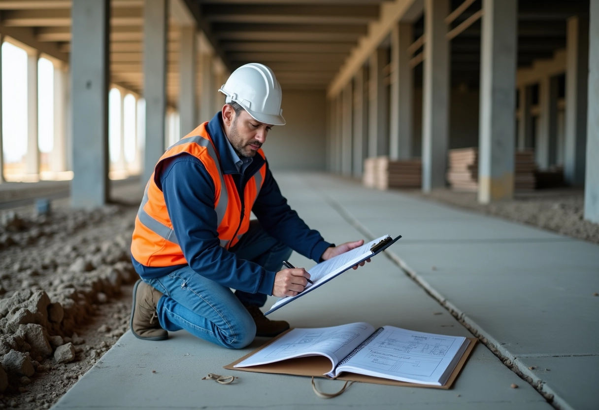 Ingénieur civil examinant plans de fondation en intérieur