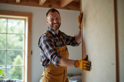 Homme en overalls posant panneau isolant dans salon rénové