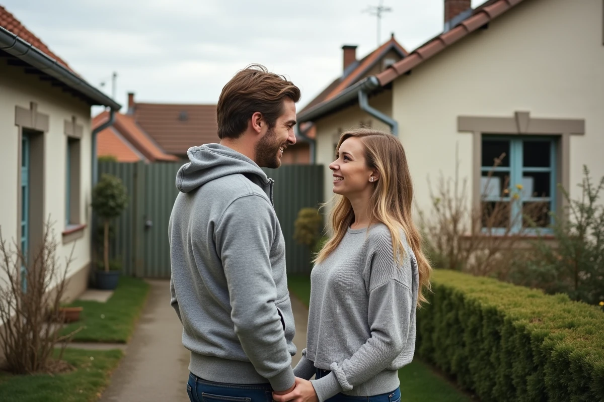 Jeune couple devant une maison individuelle dans un quartier résidentiel de Saralbe, illustrant l'installation et l'immobilier accessible dans ce village de Moselle