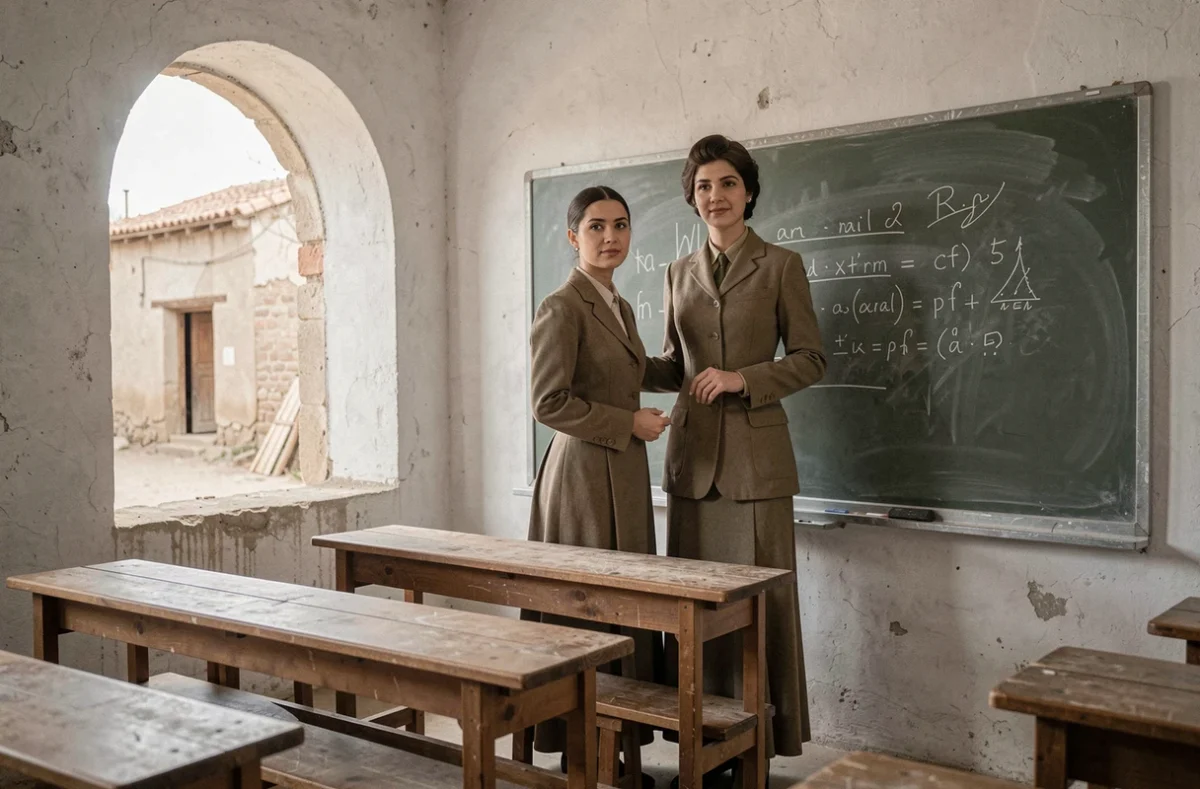 Institutrice turque des années 1920 devant un tableau dans une salle de classe anatolienne, symbole des femmes éducatrices pionnières de la République turque