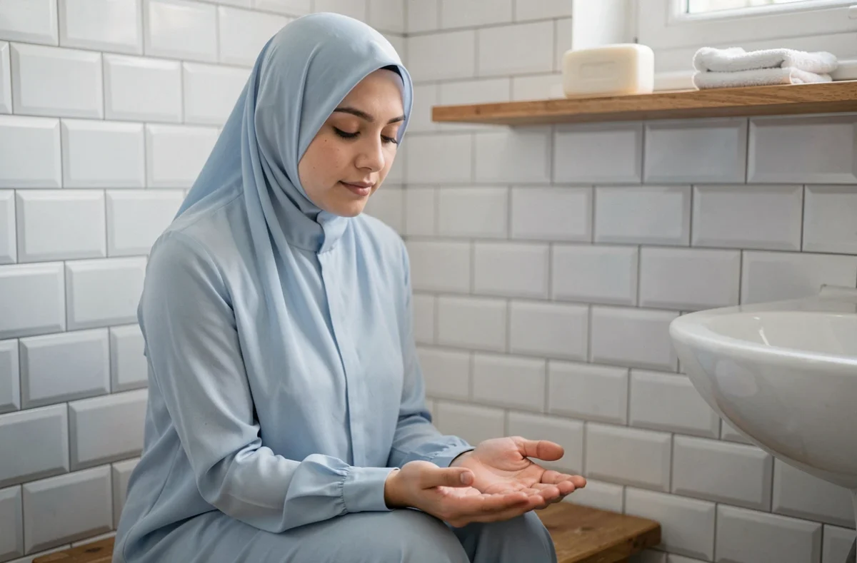 Femme portant un hijab bleu faisant une invocation après le woudou dans une salle de bain simple, posture de supplication calme et recueillie