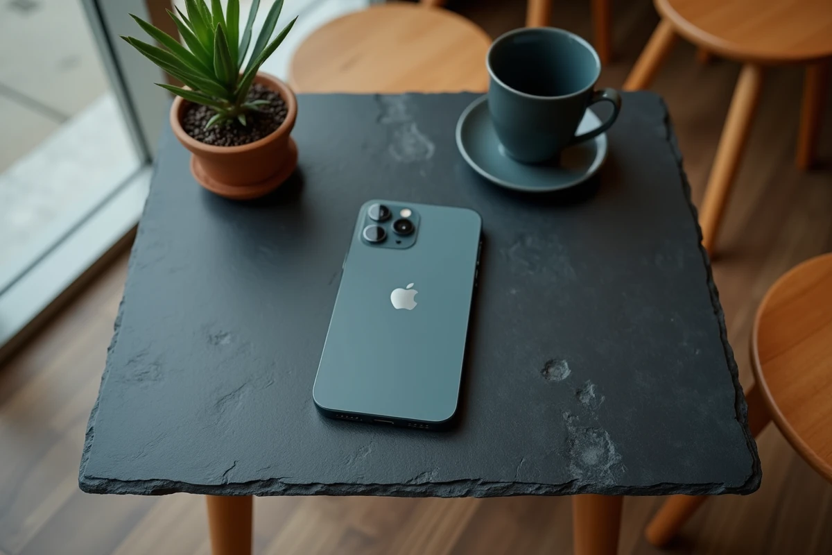 Vue de dessus de l'iPhone 16e posé sur une table en ardoise avec son module caméra arrière visible