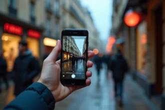 iPhone 16e tenu en main filmant une rue urbaine la nuit avec stabilisation vidéo activée