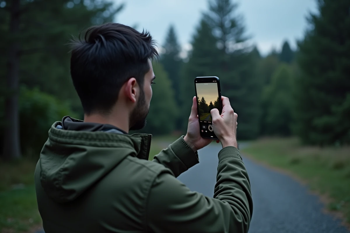 Homme utilisant le zoom de l'iPhone 16e pour photographier une forêt au crépuscule