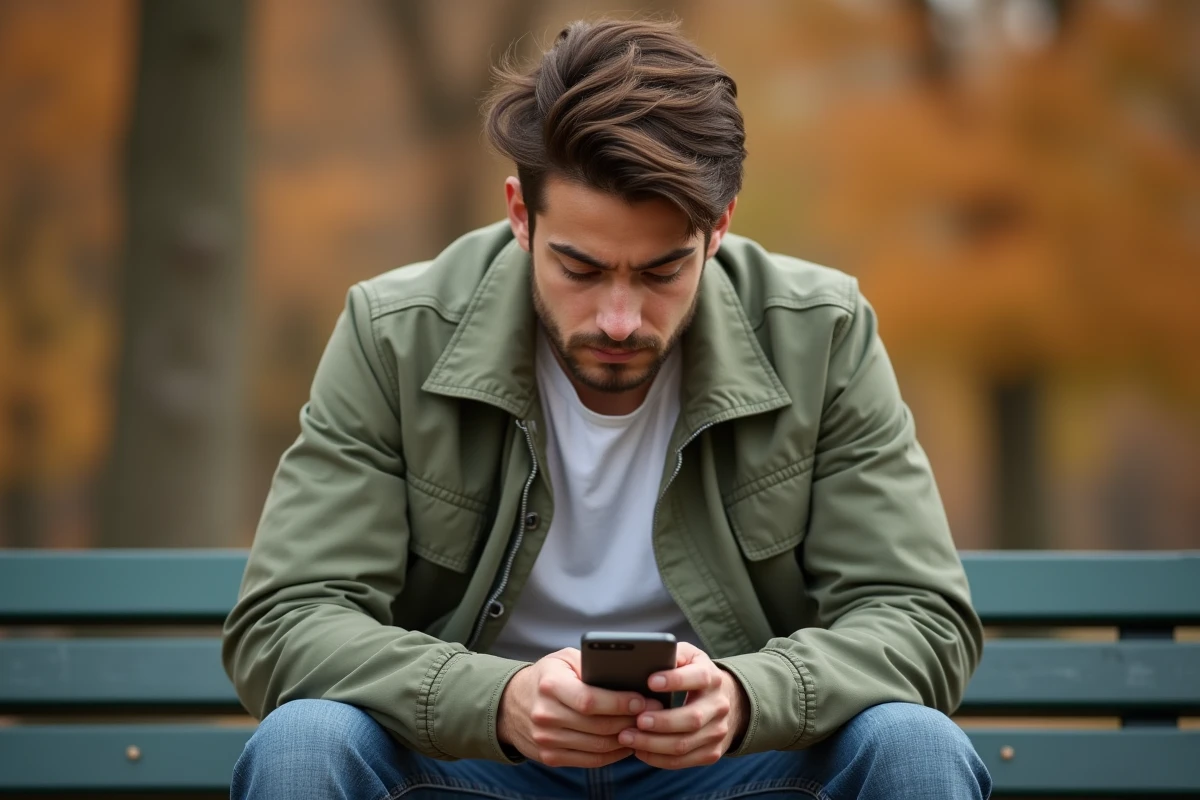 Jeune adulte assis sur un banc de parc rédigeant un SMS anonyme avec une expression réfléchie en automne