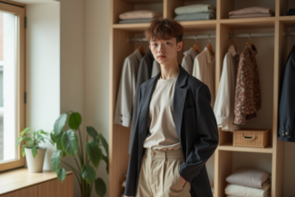 Jeune adulte choisissant des tenues dans un vestiaire minimaliste