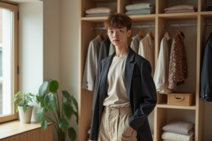 Jeune adulte choisissant des tenues dans un vestiaire minimaliste