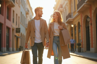 Jeune couple mode moderne marchant dans la ville ensoleillee