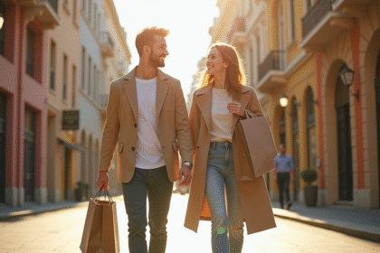 Jeune couple mode moderne marchant dans la ville ensoleillee