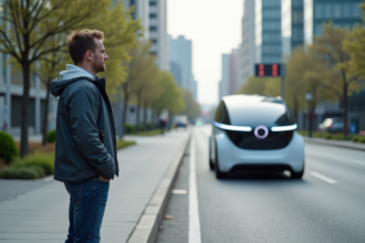 Jeune ingénieur observant un prototype de voiture électrique futuriste