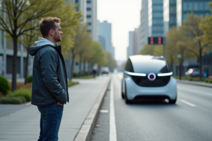 Jeune ingénieur observant un prototype de voiture électrique futuriste