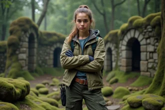 Jeune femme en tenue d'aventure dans la forêt mystérieuse