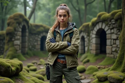 Jeune femme en tenue d'aventure dans la forêt mystérieuse