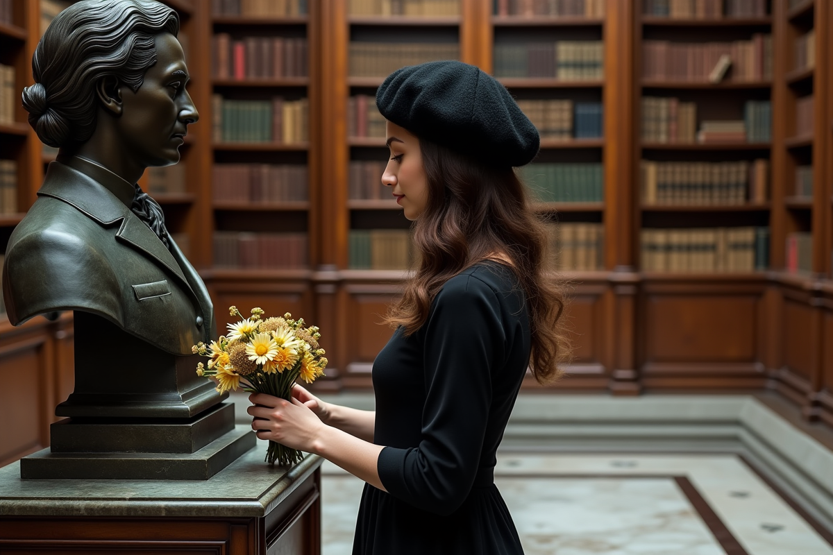 Jeune femme arrangeant des fleurs devant une sculpture de Baudelaire en bibliothèque