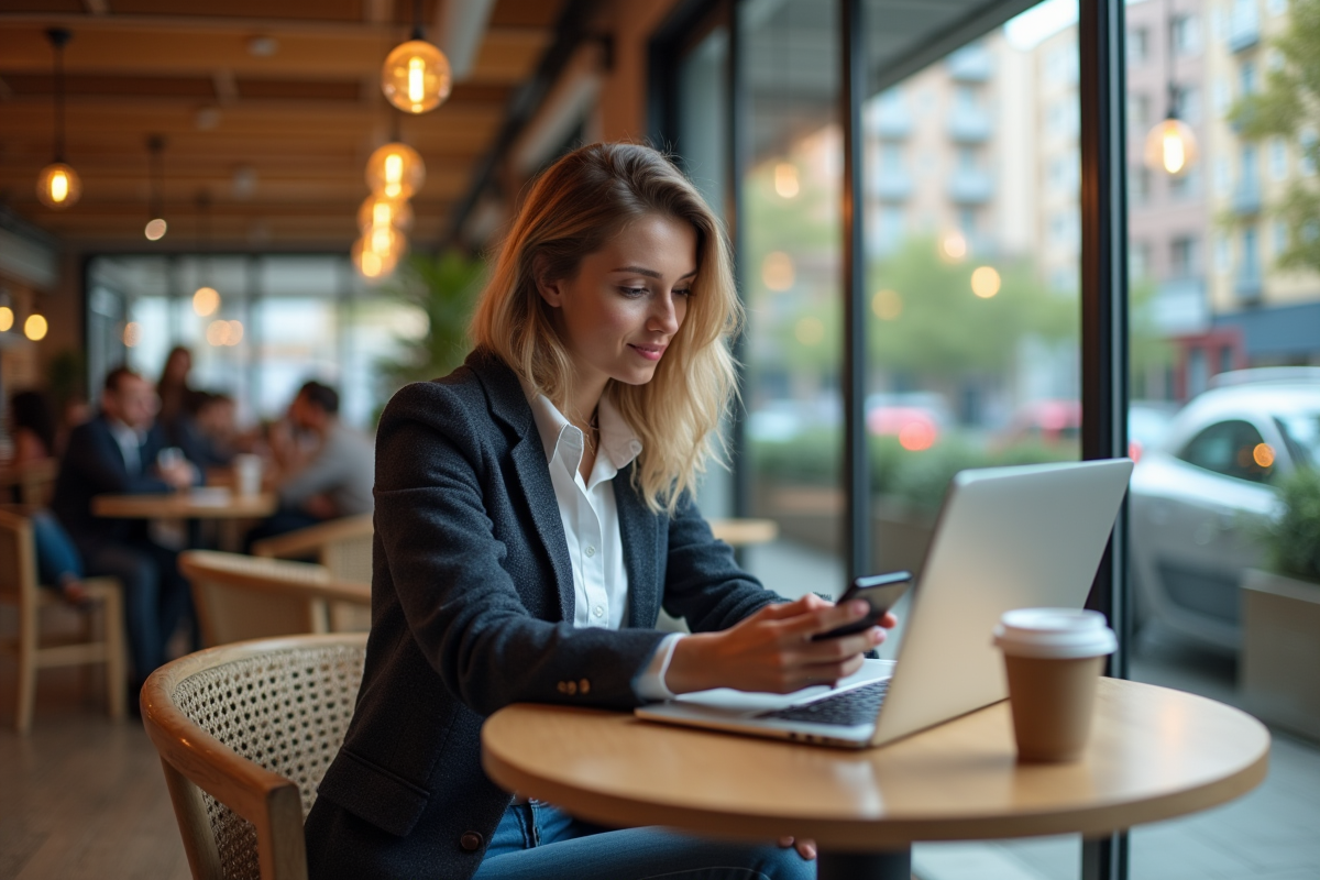 Jeune femme utilisant son smartphone dans un café moderne