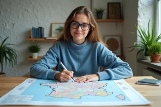 Jeune femme marquant une carte de France dans un bureau cosy