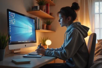 Jeune femme concentrée jouant à The Sims 4 sur son PC