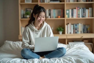 Jeune femme lisant manga sur un ordinateur portable dans sa chambre