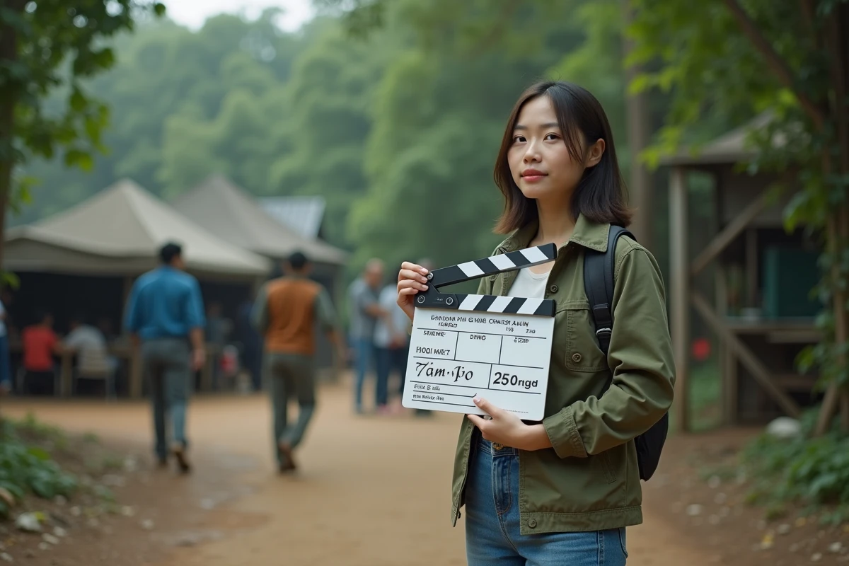 Jeune femme réalisatrice sur un plateau de film en jungle