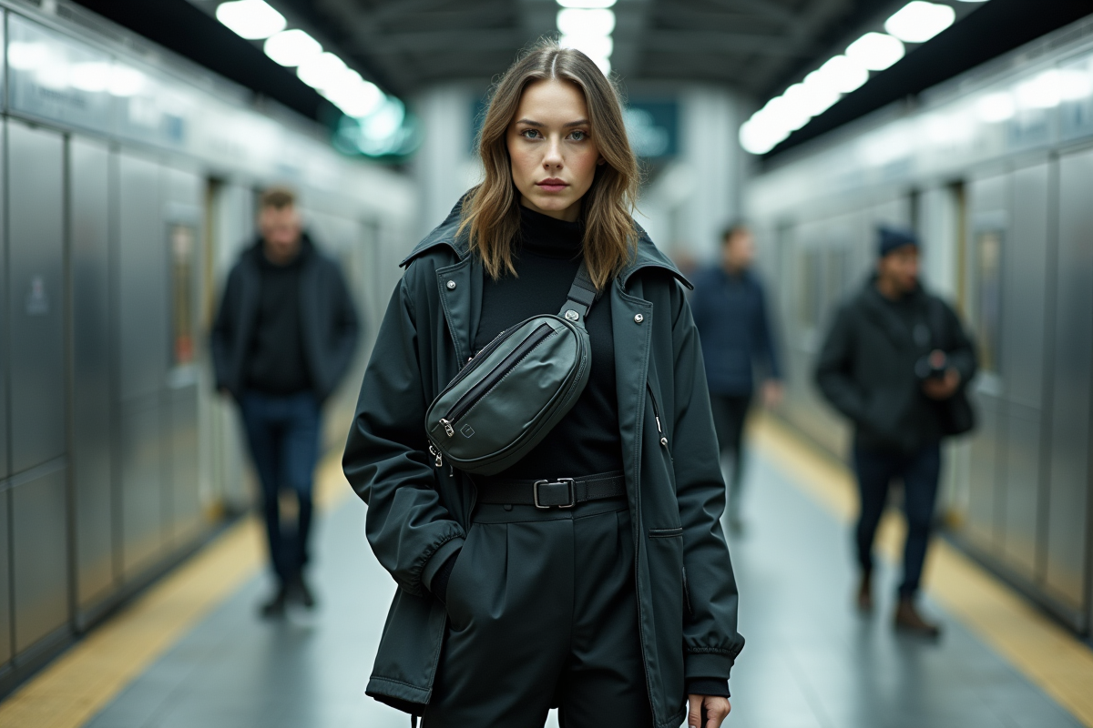 Jeune femme en techwear dans une station de métro