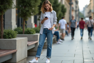Jeune femme dans la ville vérifiant son téléphone avec style