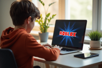 Jeune garçon concentré sur un ordinateur avec logo Roblox