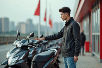 Jeune homme inspectant une moto Honda 50cc neuve