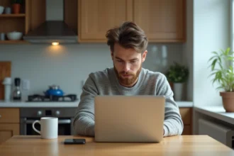 Jeune homme concentré sur son ordinateur dans une cuisine lumineuse