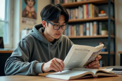 Jeune homme lisant un manhwa dans une chambre moderne