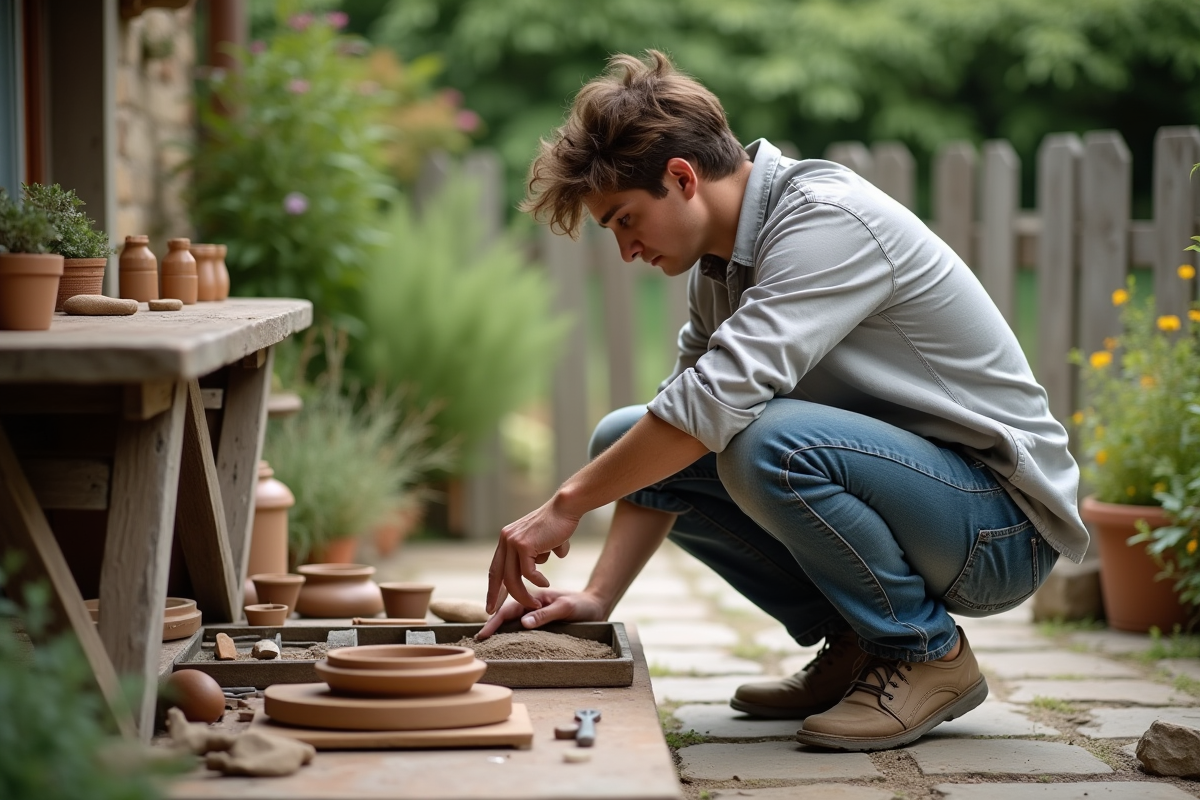 Jeune homme avec kit de poterie dans le jardin