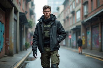 Jeune homme en techwear urbain sous la pluie