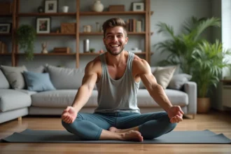 Jeune homme en yoga avancé dans un salon moderne