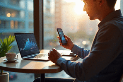 Jeune professionnel utilisant une application bancaire sur smartphone dans un café