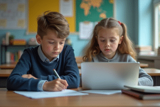 Adolescent assis à une table scolaire avec documents et ordinateur
