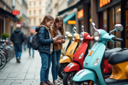 Adolescents regardant des scooters colorés en ville