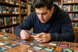 Joueur analysant des cartes de l'extension EV08 Étincelles Déferlantes dans une boutique de jeux de cartes à collectionner