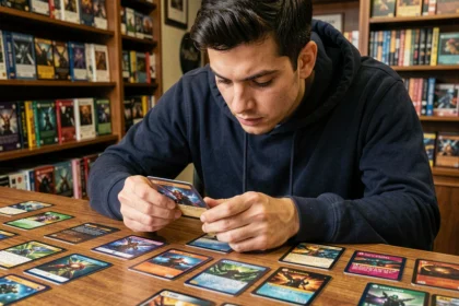 Joueur analysant des cartes de l'extension EV08 Étincelles Déferlantes dans une boutique de jeux de cartes à collectionner