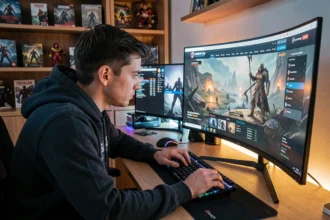 Joueur adulte consultant un guide de succès et donjons sur Dofusportal depuis son bureau gaming à domicile