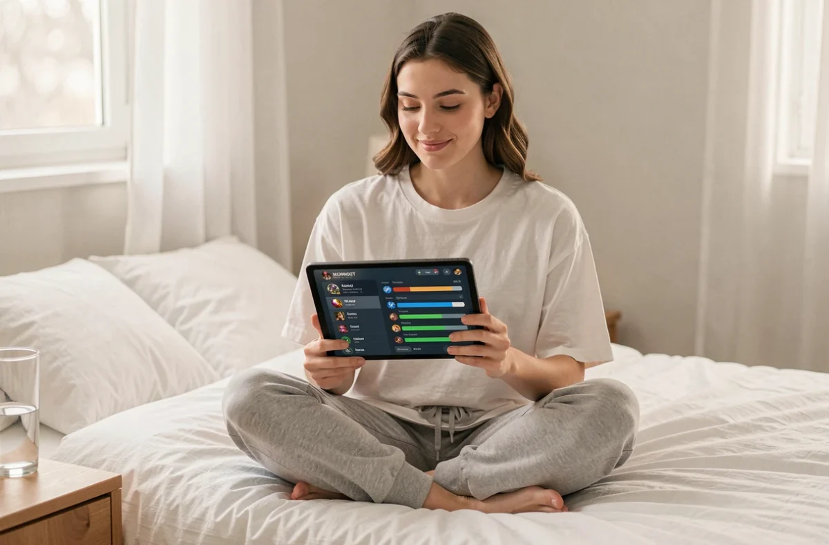 Joueuse adulte consultant ses succès Dofus sur une tablette depuis sa chambre dans une ambiance détendue