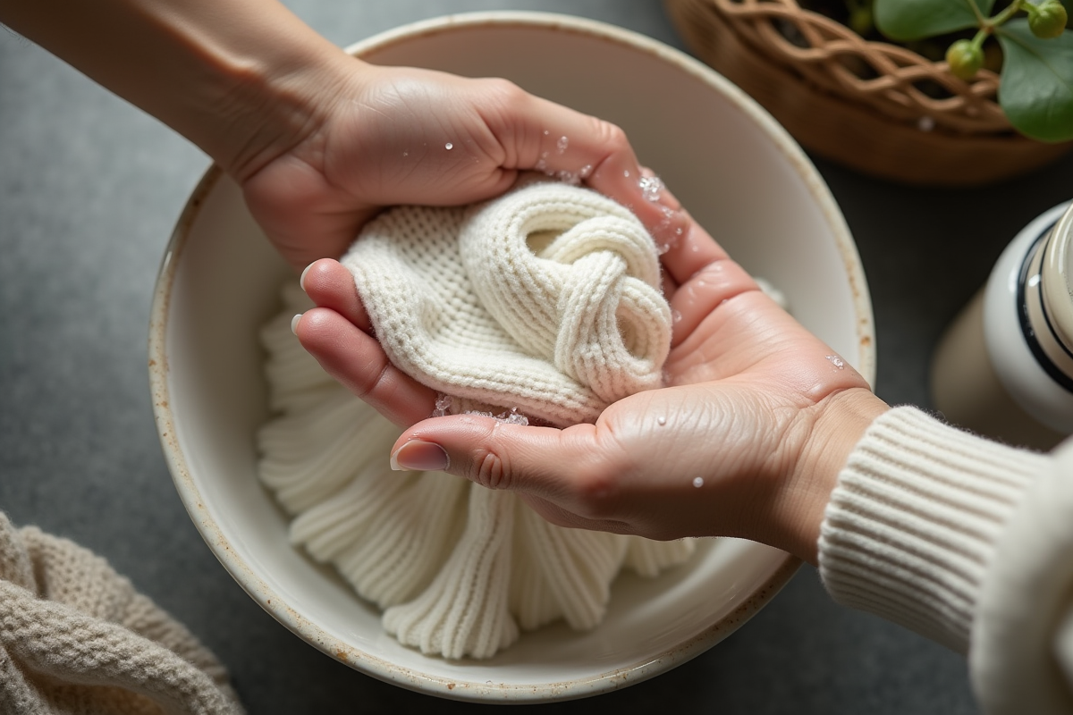 Mains lavant doucement un pull en laine chenille dans un bassin