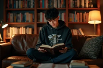 Jeune homme lisant un manga Kingdom sur un canapé entouré de volumes de mangas dans un salon cosy
