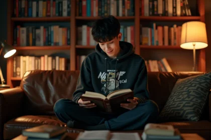 Jeune homme lisant un manga Kingdom sur un canapé entouré de volumes de mangas dans un salon cosy