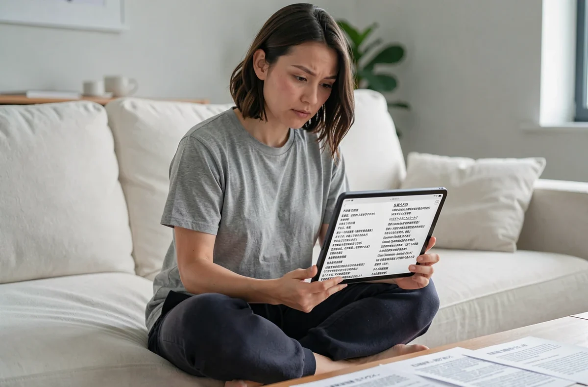 Femme analysant une comparaison de traductions manga sur tablette, textes japonais et français côte à côte, salon moderne avec pages imprimées