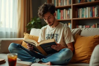 Jeune homme lisant un manga One Piece dans un salon cosy entouré de nombreux volumes de manga