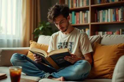 Jeune homme lisant un manga One Piece dans un salon cosy entouré de nombreux volumes de manga