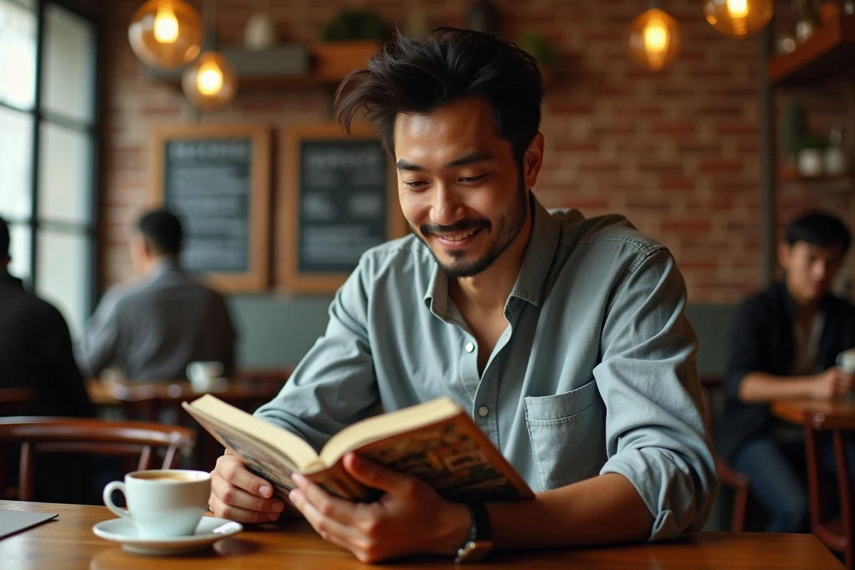 Homme lisant un tome de One Piece dans un café urbain avec une ambiance authentique et chaleureuse