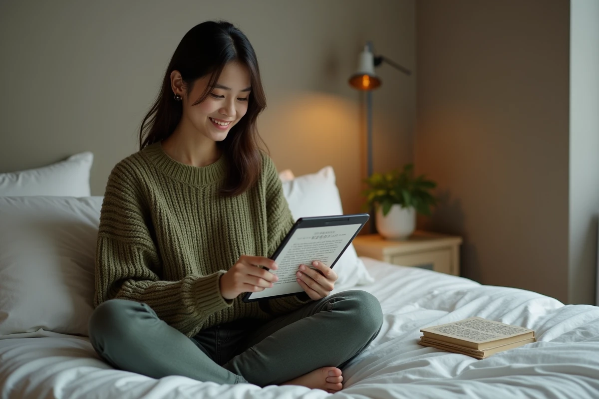 Jeune femme lisant un résumé de scan en avance de One Piece sur tablette dans une chambre confortable