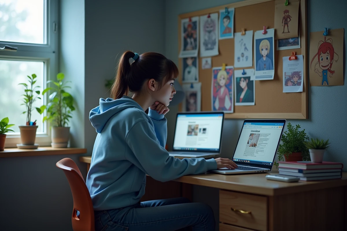 Jeune femme lisant des chapitres de Kingdom sur un site de scan en ligne depuis son ordinateur portable dans une chambre d'étudiant