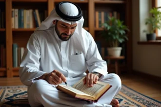 Homme lisant la sourate Al Kahf dans le Coran ouvert, assis sur un tapis de prière dans une bibliothèque islamique à domicile